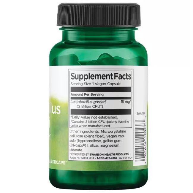 Retro del flacone verde. Scritta: Supplement Facts, Lactobacillus gasseri (3 miliardi UFC), ingredienti.