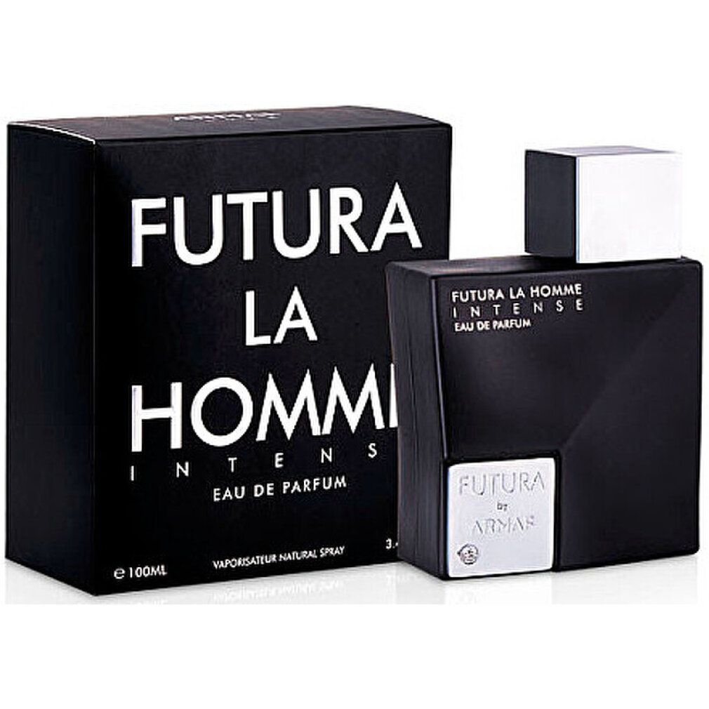 Flacone e confezione neri. Scritta: FUTURA LA HOMME INTENSE EAU DE PARFUM. Tappo bianco. Marchio: Armaf.