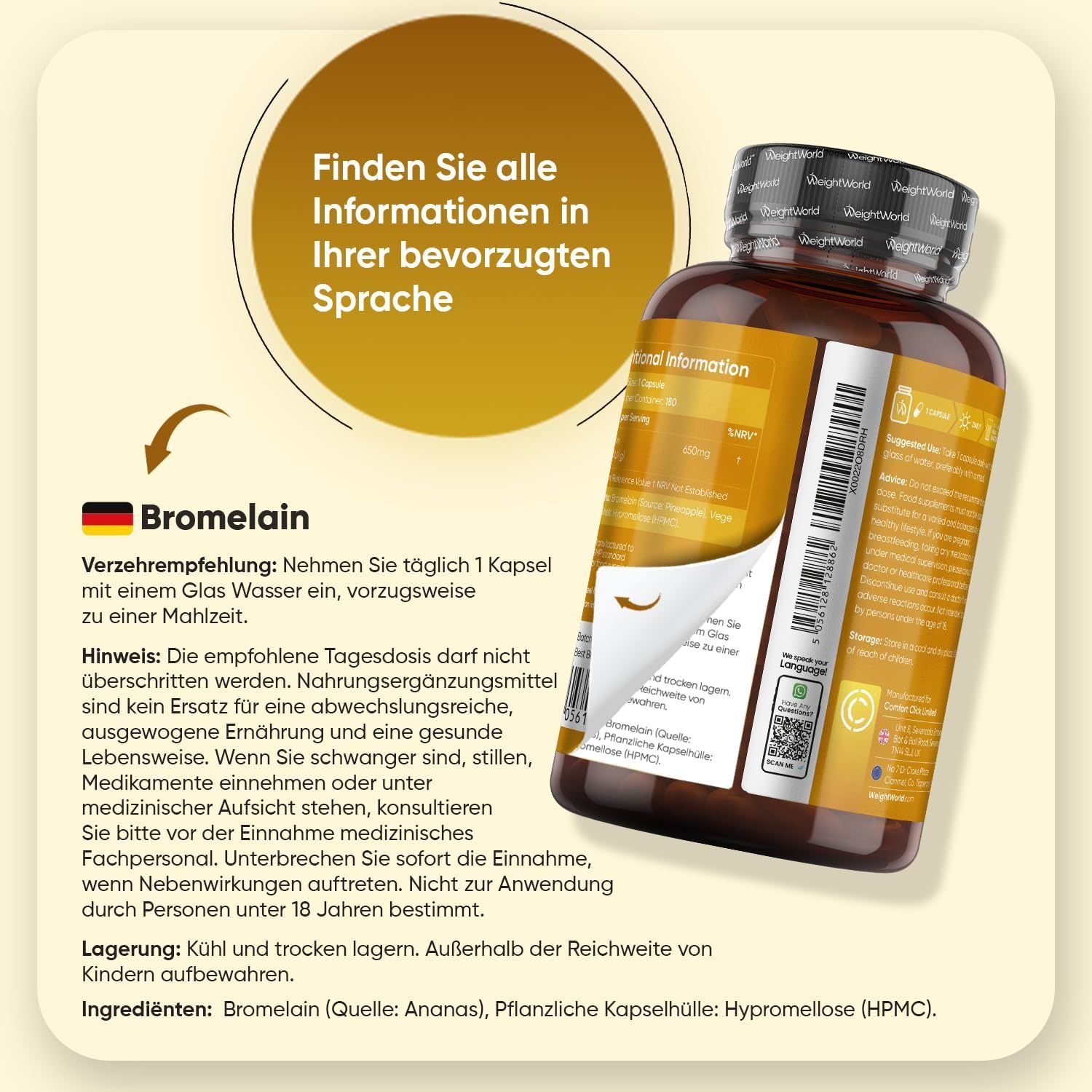 Flacone marrone con capsule. Testo: Bromelina, raccomandazioni d'uso. Scritta: 1 capsula al giorno. Con bandiera tedesca.