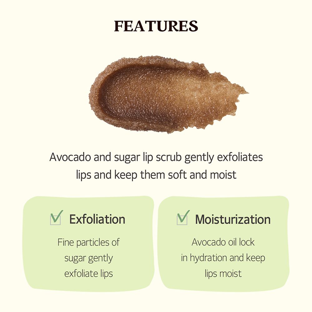 Grafica testuale: Avocado & Sugar Lip Scrub. Caratteristiche: esfoliazione, idratazione. Consistenza dello scrub. Caselle verdi con testo.