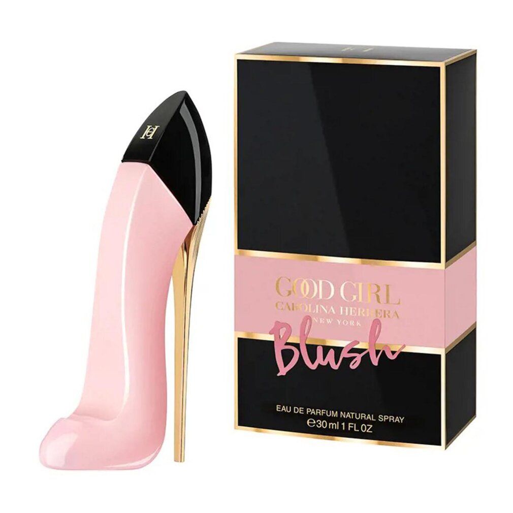 Flacone di profumo rosa a forma di scarpa accanto a una scatola regalo nera e rosa con "Good Girl Blush".