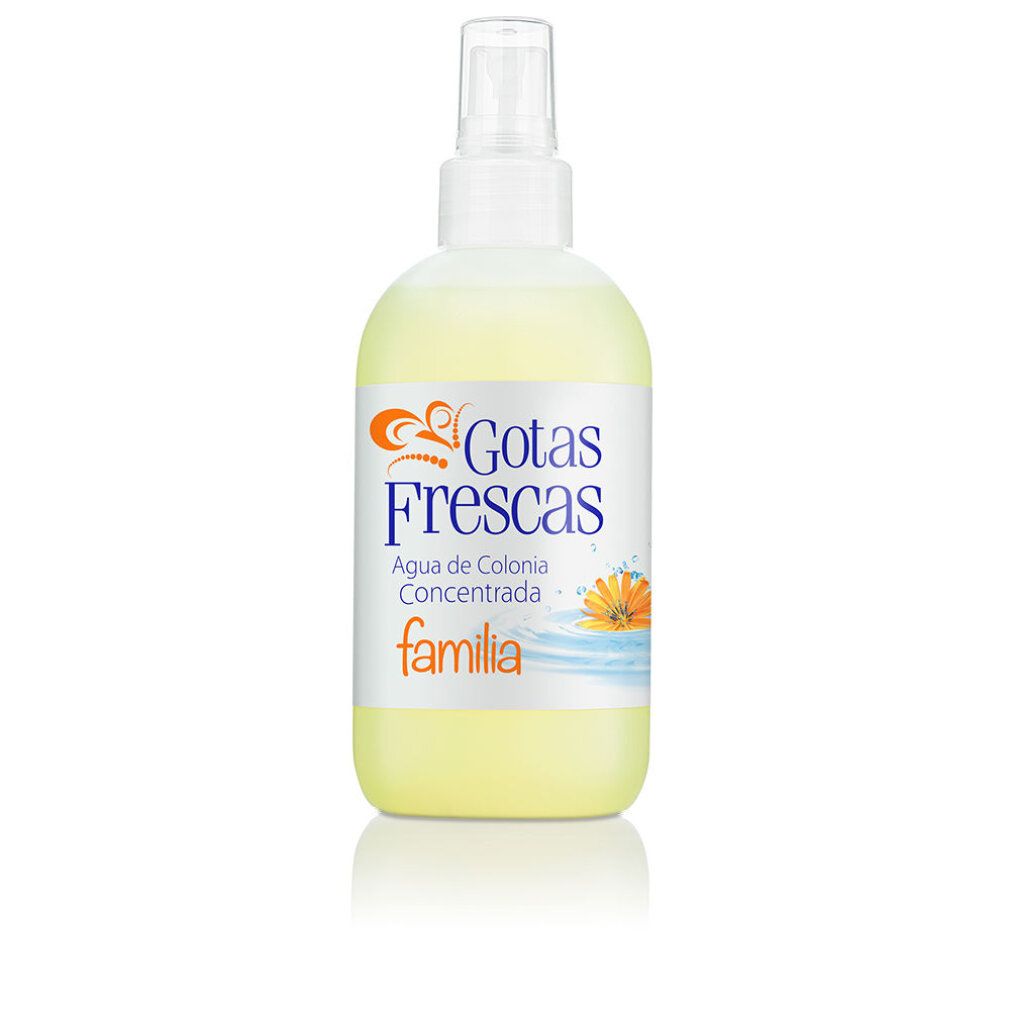 Flacone di colonia gialla con vaporizzatore. Scritta: Gotas Frescas, Agua de Colonia Concentrada, familia.