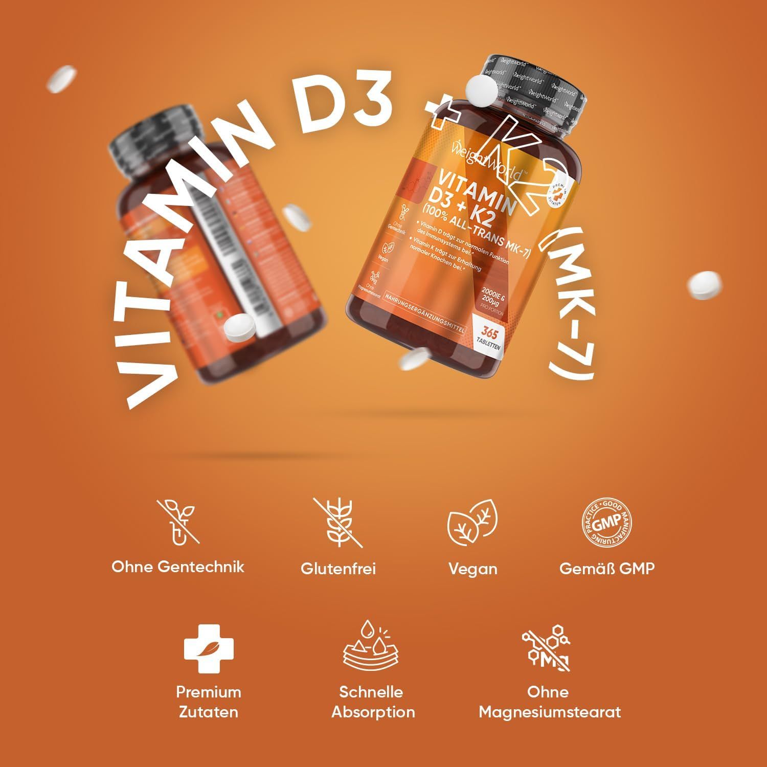 Due flaconi WeightWorld Vitamina D3 + K2. Simboli senza OGM, senza glutine, vegano, GMP.