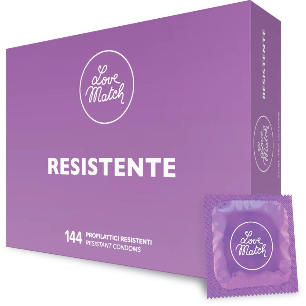 Scatola viola con 144 profilattici e un profilattico singolo. Scritta "Resistente" e logo "Love Match".
