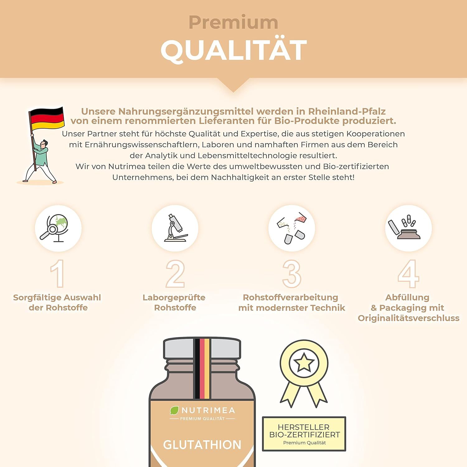 Infografica con caratteristiche di qualità. Selezione accurata delle materie prime, materie prime testate in laboratorio, lavorazione.