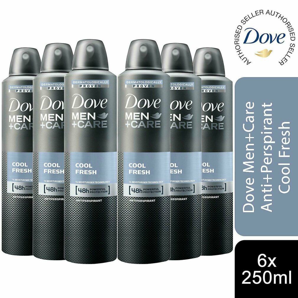 Sei spray deodoranti Dove Men+Care Cool Fresh. Contenitori grigi con strisce blu. Testo: Cool Fresh, 48h Protection. Logo Dove e testo: Anti+Perspirant.