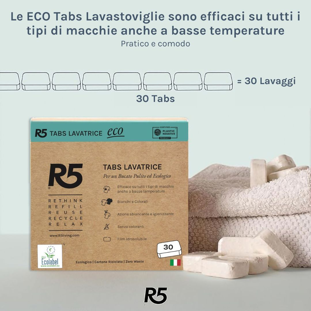 R5 Eco Tabs Lavatrice 30 Pastiglie, Tensioattivi Vegetali, Senza Coloranti, Ecolabel