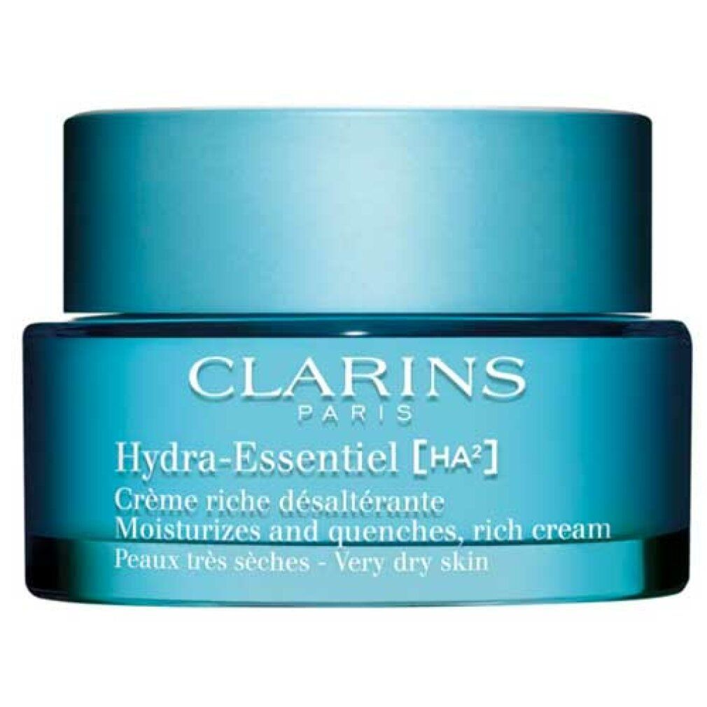 Vasetto turchese con coperchio. Scritta: CLARINS PARIS, Hydra-Essentiel [HA²], Crème riche désaltérante, Peaux très sèches - Very dry skin.