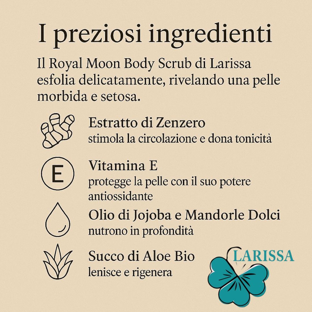 Infografica con ingredienti. Zenzero, vitamina E, olio di jojoba, aloe vera. Logo Larissa e trifoglio.