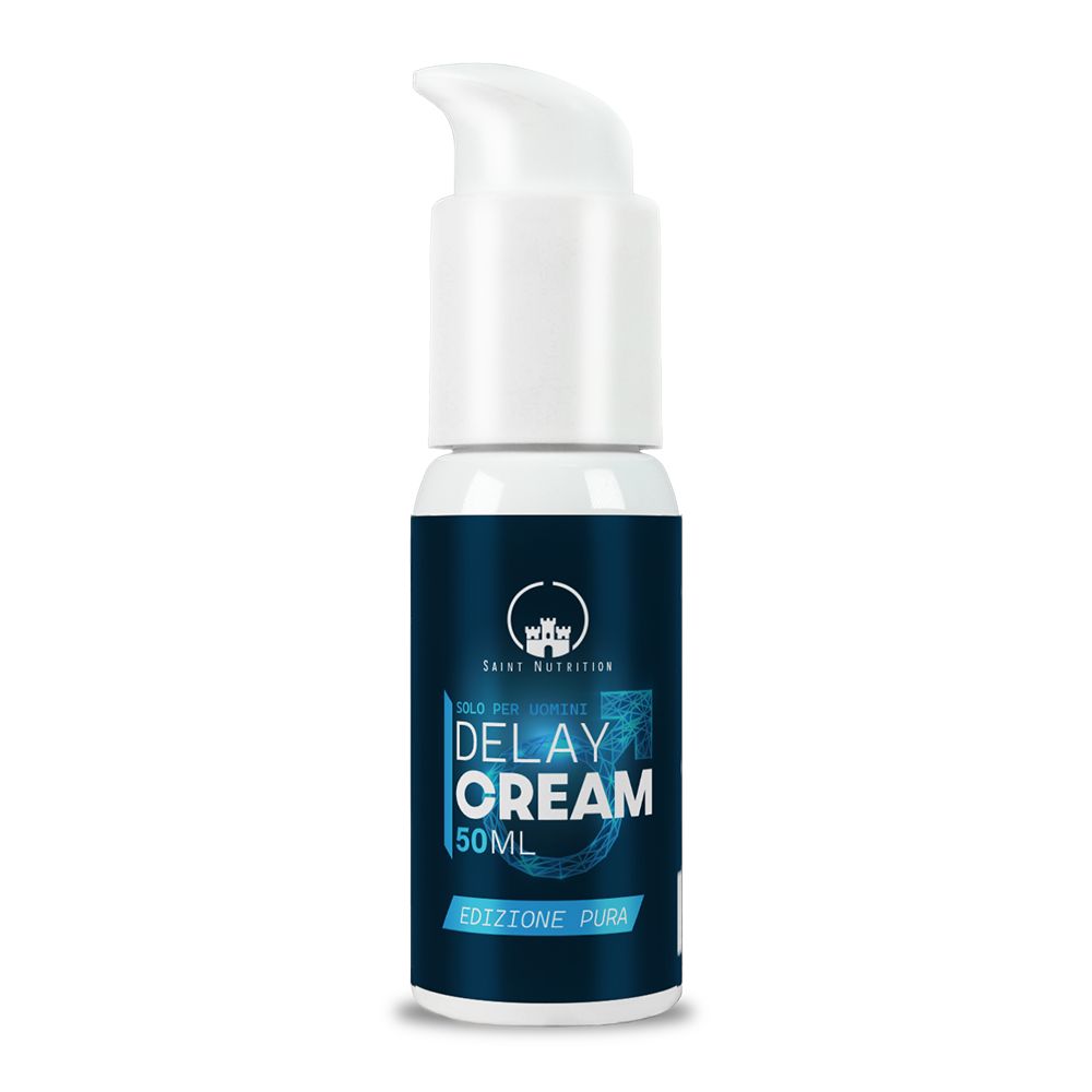 Flacone blu con erogatore bianco. Scritta: DELAY CREAM, 50ml, Edizione Pura. Logo: Saint Nutrition.