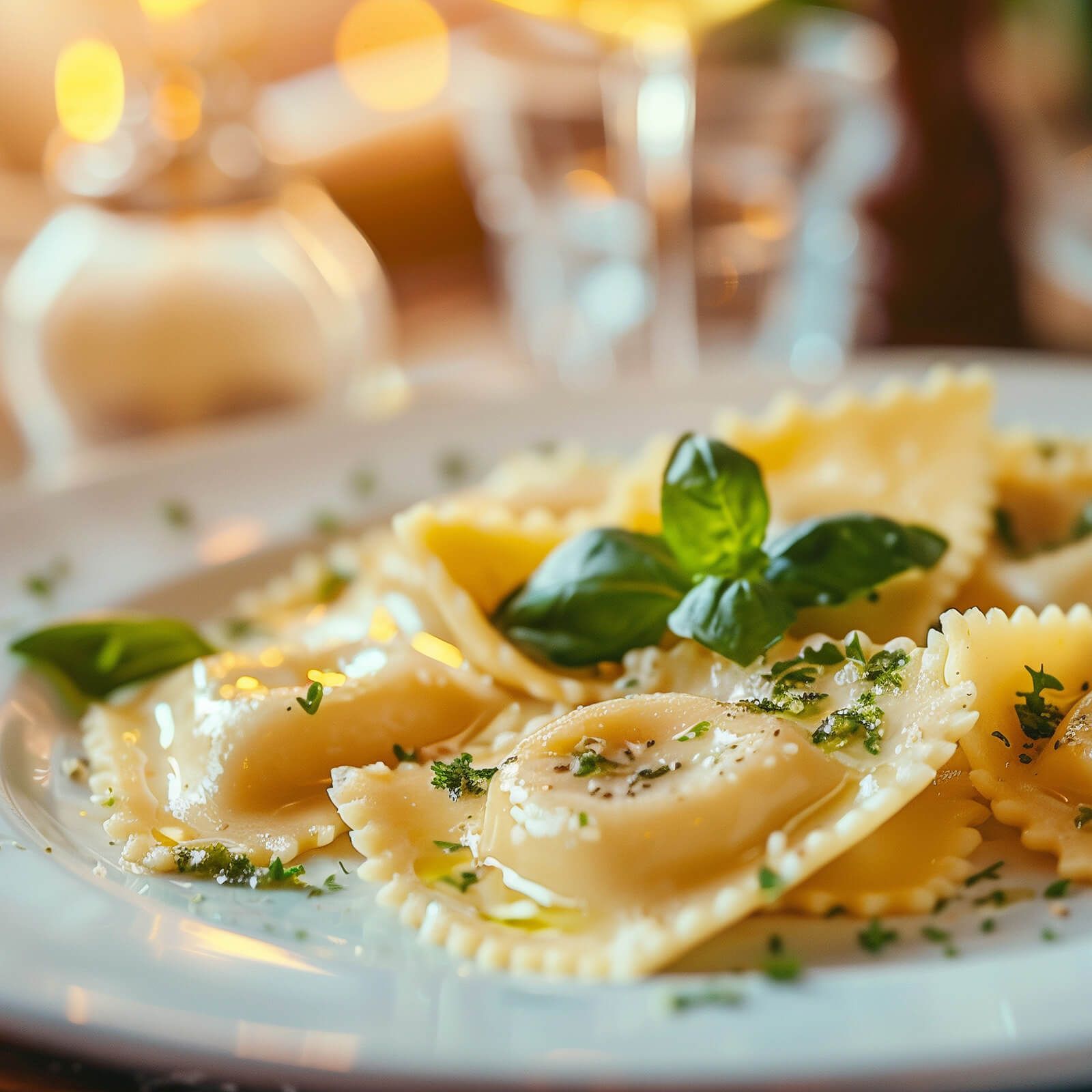 Piatto di ravioli, guarniti con basilico e olio. Sfondo sfocato con effetti di luce.