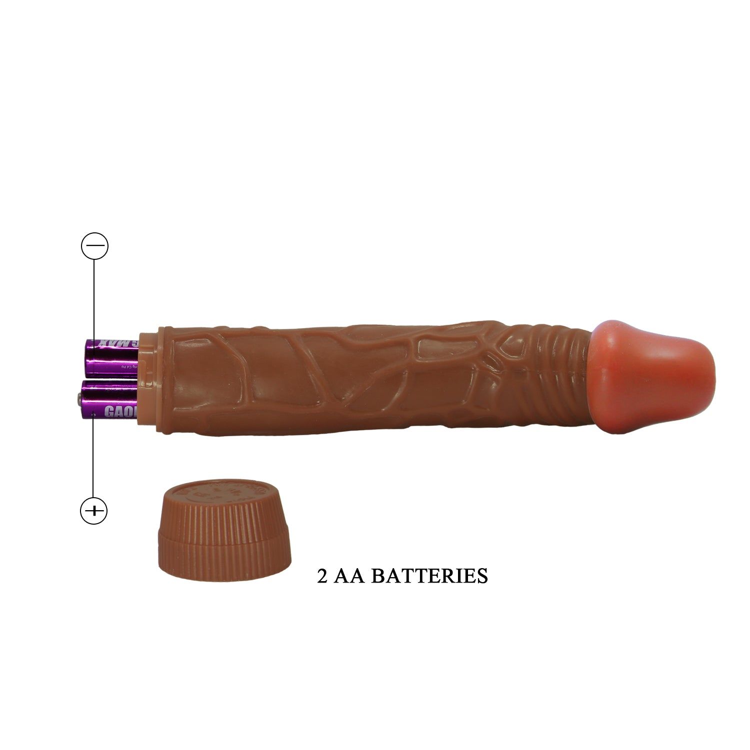 Dildo marrone con punta rossa. Vano batterie con 2 batterie AA. Superficie scanalata.