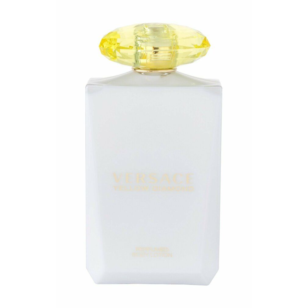 Flacone bianco con tappo giallo. Scritta: Versace Yellow Diamond. Lozione corpo profumata.