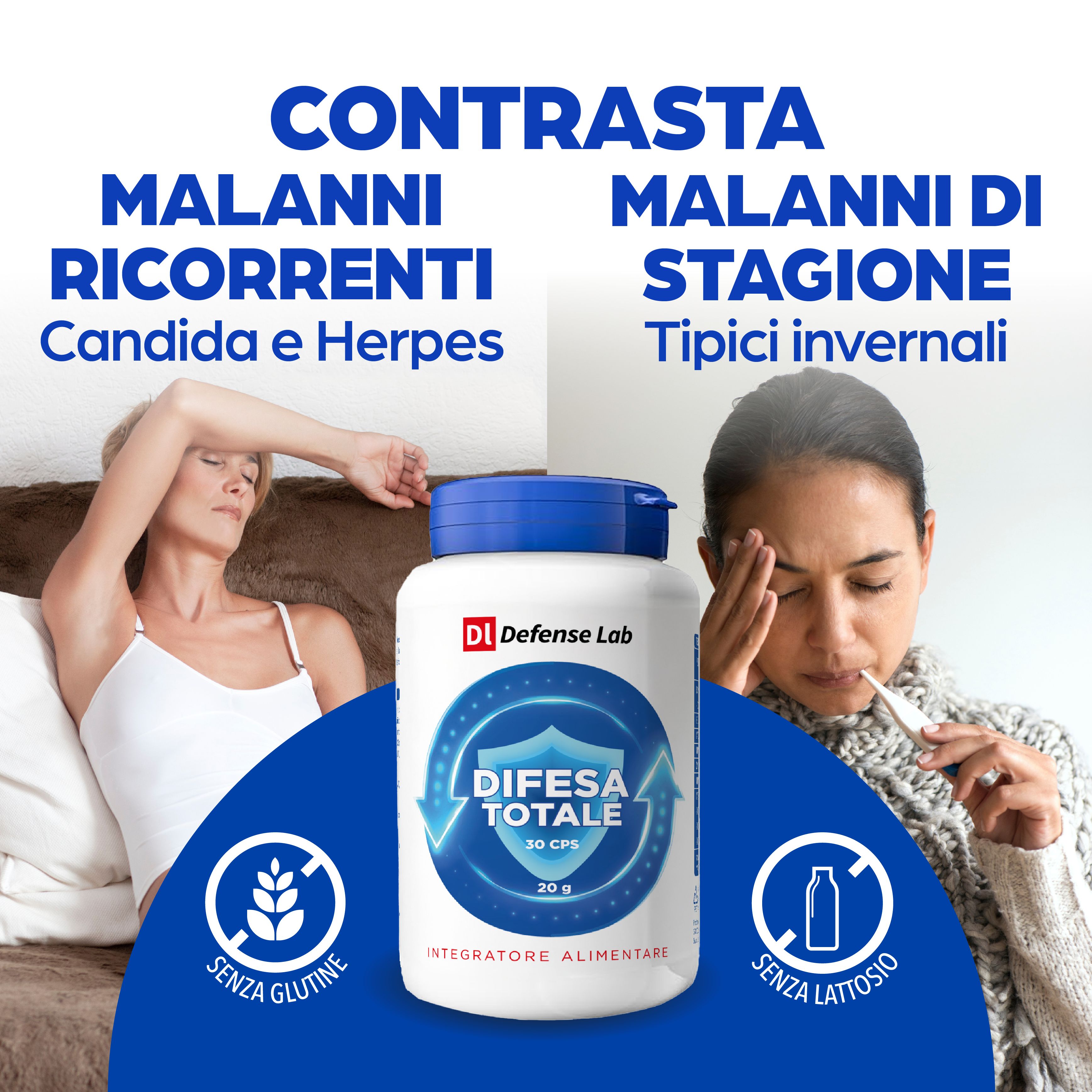 Flacone bianco con tappo blu. Logo: Defense Lab. Testo: Difesa Totale, 30 cps. Senza glutine, senza lattosio. Contro malattie ricorrenti.