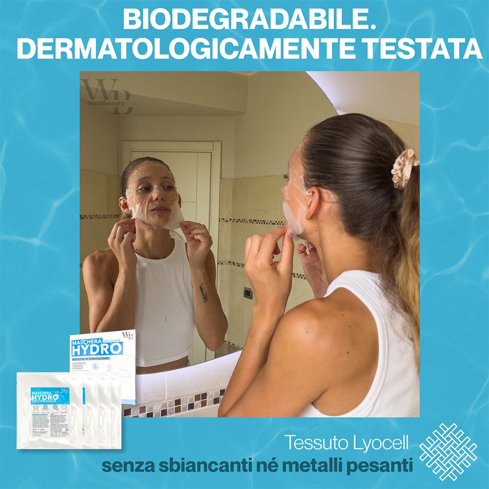 Donna con maschera viso allo specchio. Scritta blu: BIODEGRADABILE. DERMATOLOGICAMENTE TESTATA. Tessuto Lyocell.