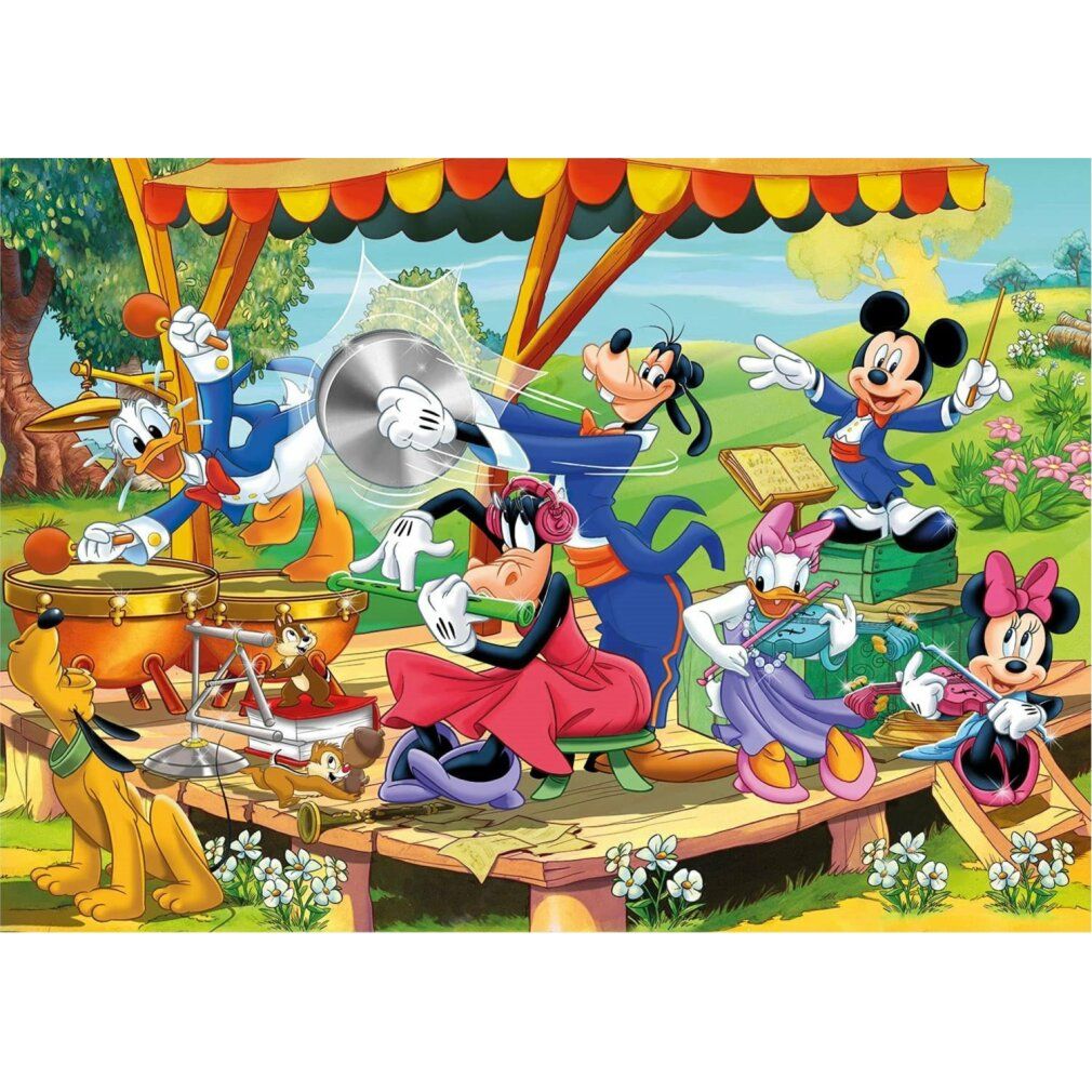 Puzzle con personaggi Disney, Mickey e amici. I personaggi suonano musica. Paperino alla batteria, Pippo con la tromba, Minnie con il violino.