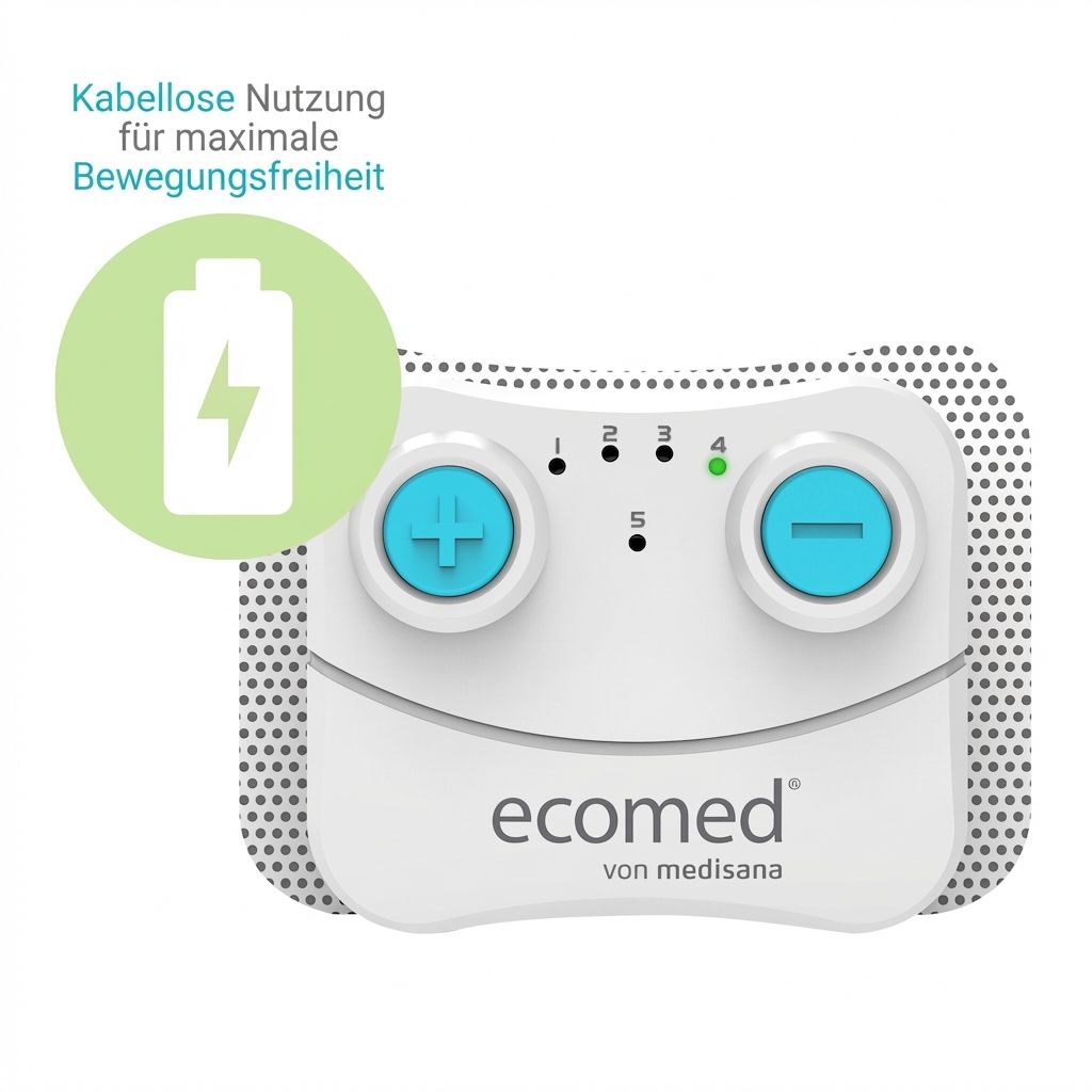 Dispositivo TENS Ecomed by medisana con indicatore di carica e simbolo di utilizzo wireless.
