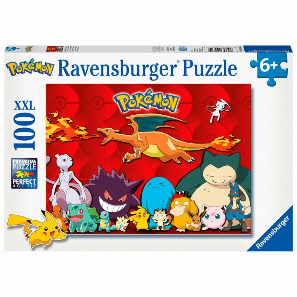 Scatola puzzle Pokémon. Contiene 100 pezzi XXL. Illustrazione di personaggi Pokémon. Marca: Ravensburger. Adatto a bambini dai 6 anni in su.