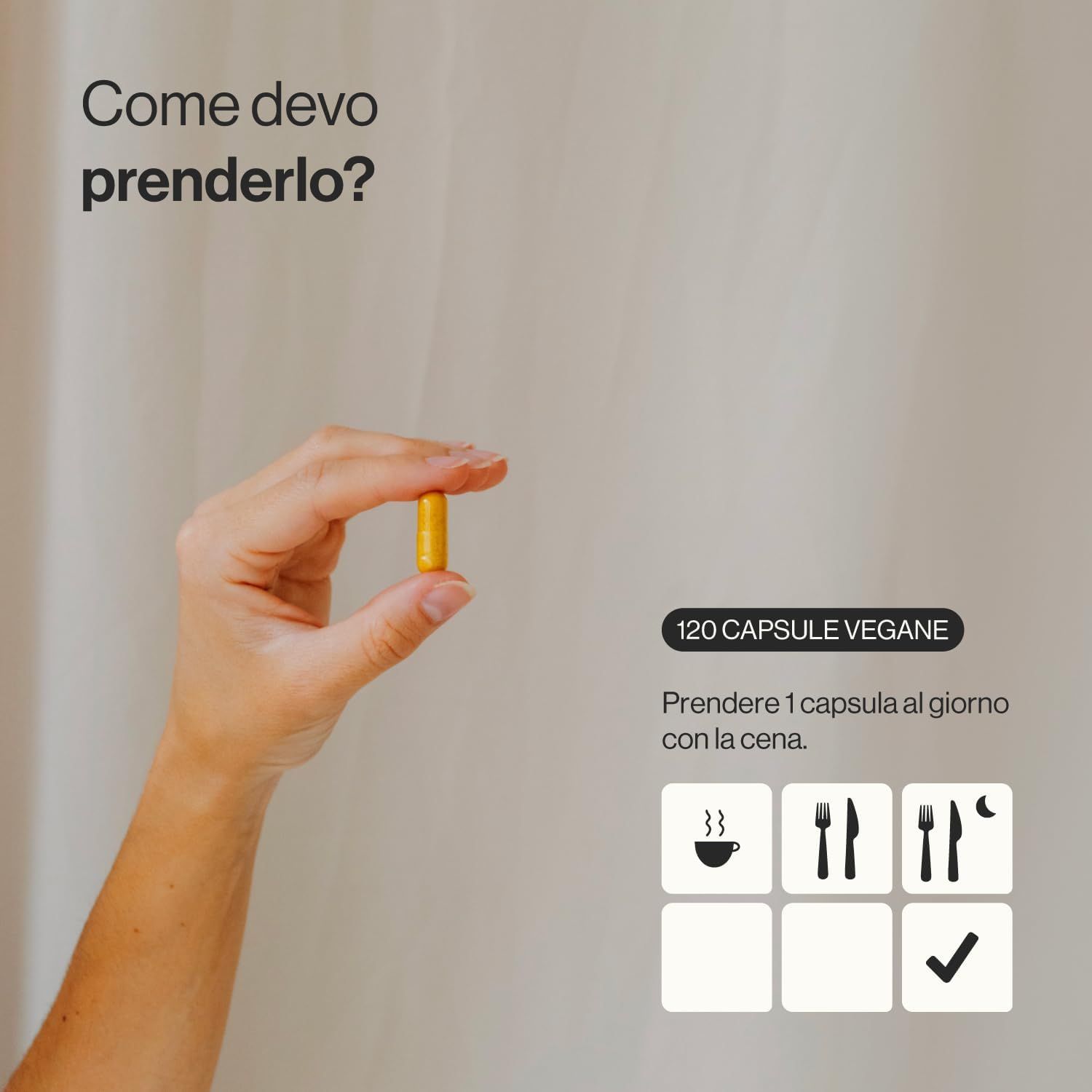 Mano tiene una capsula gialla. Testo: 120 capsule. Assumere 1 capsula al giorno con un pasto. Simboli dei pasti.