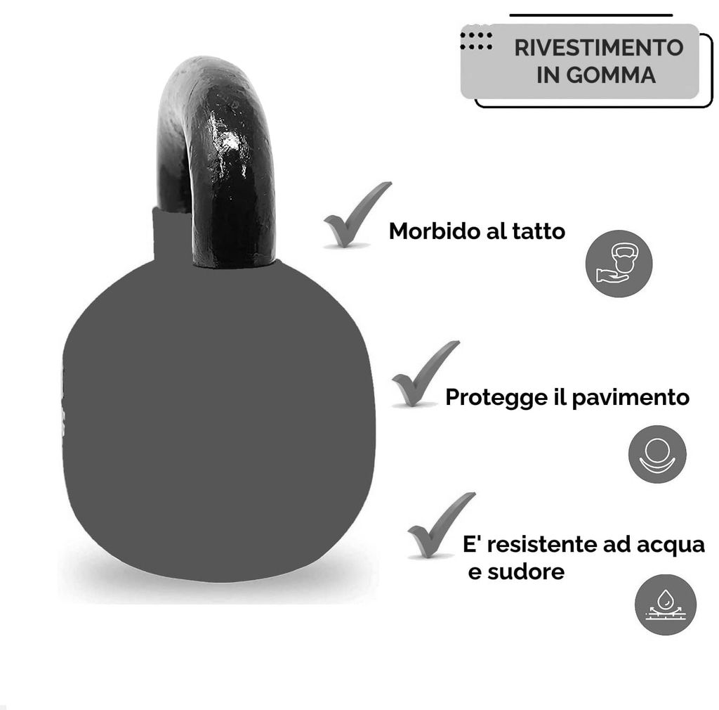 Kettlebell grigia. Etichette: Rivestimento in Gomma, Morbido al tatto, Protegge il pavimento, E' resistente ad acqua e sudore.