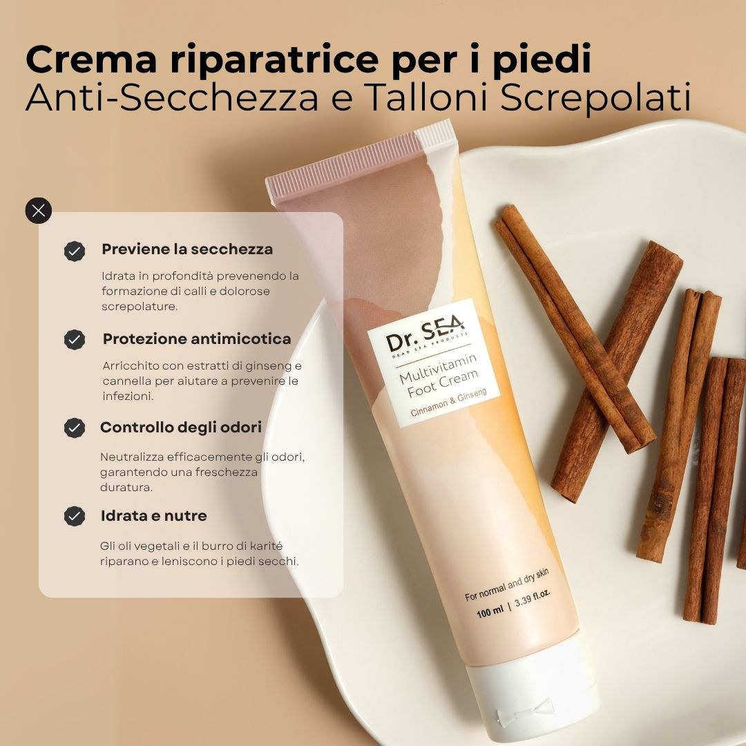 Tubo di crema "Dr. SEA Multivitamin Foot Cream" con bastoncini di cannella. Testo: Crema riparatrice per i piedi Anti-Secchezza e Talloni Screpolati.