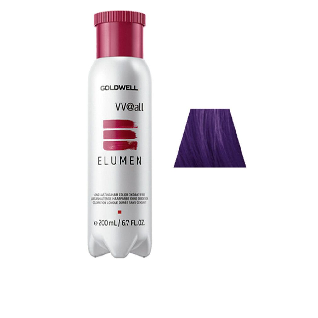 Goldwell Elumen vv@all. Flacone di tinta per capelli viola e campione colore. Nome del prodotto e volume visibili.