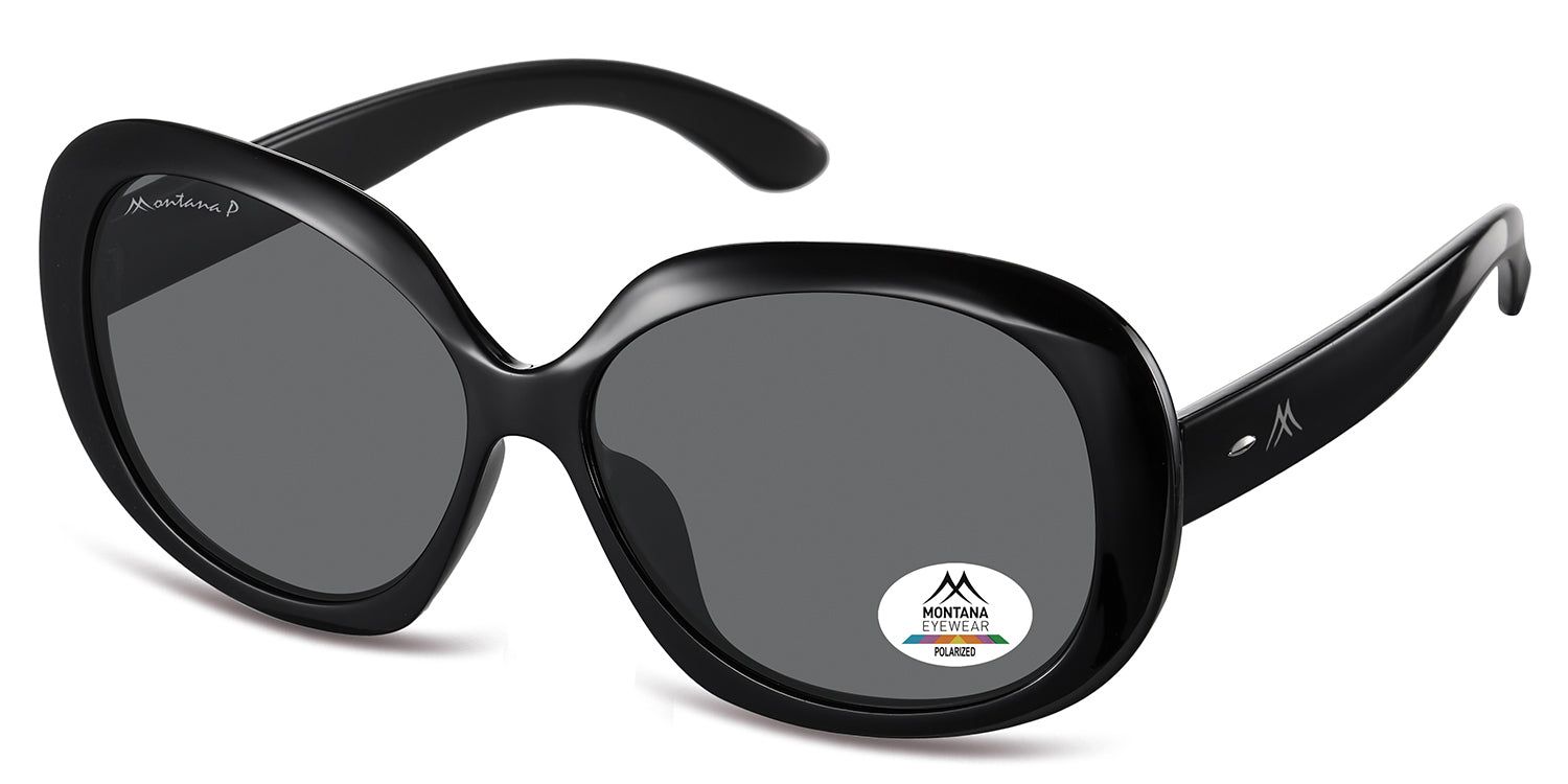 Occhiali da sole neri, vista laterale. Lenti grigie, montatura ovale. Logo Montana Eyewear sulla lente e sull'asta. Lenti polarizzate.