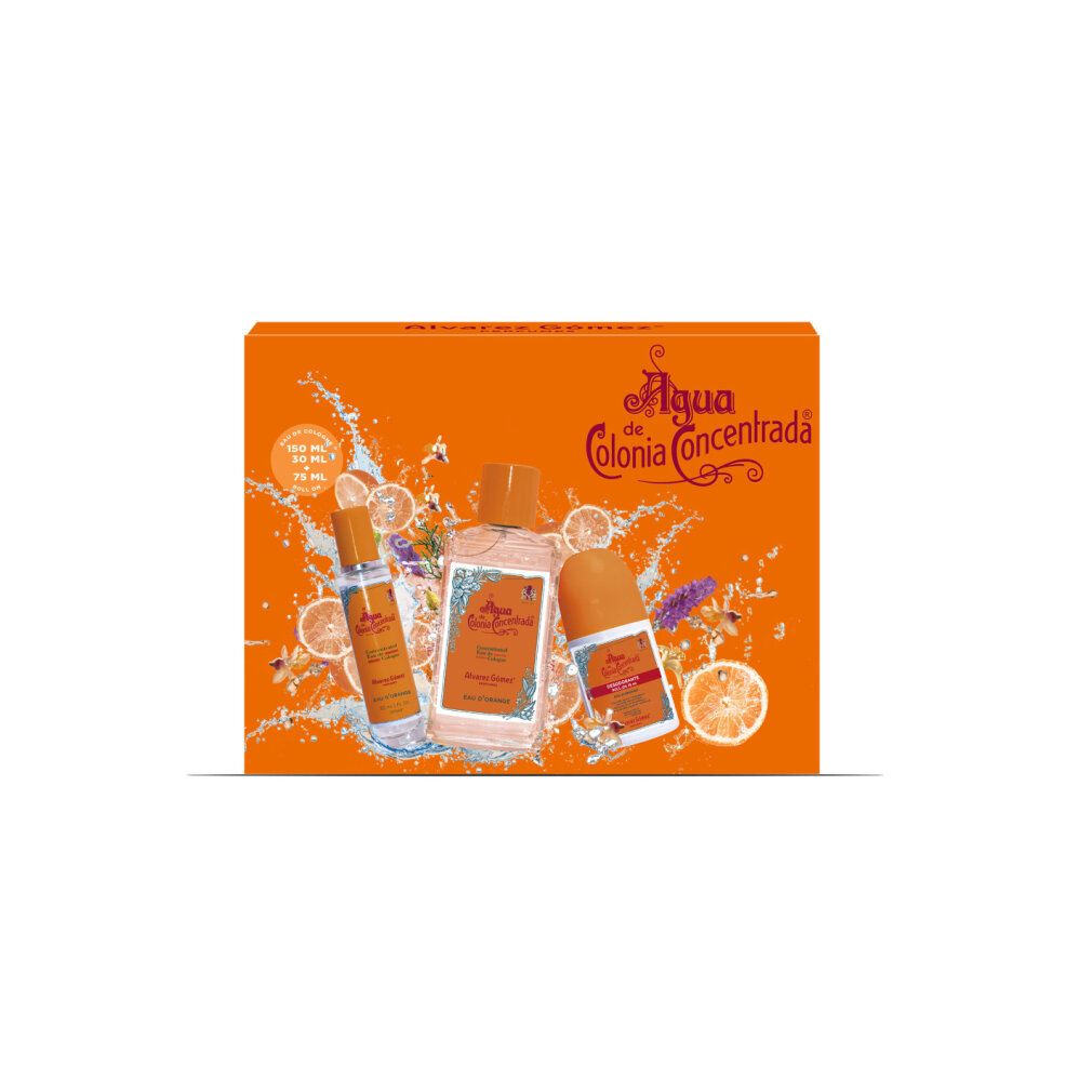 Set regalo con flacone, spray e roll-on. Confezione arancione con nome del prodotto ed elementi decorativi.