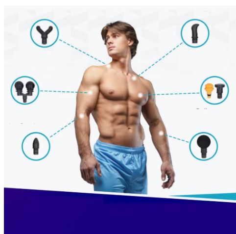 Uomo muscoloso con testine per pistola massaggiante. Testine raffigurate attorno al corpo, collegate da linee tratteggiate.