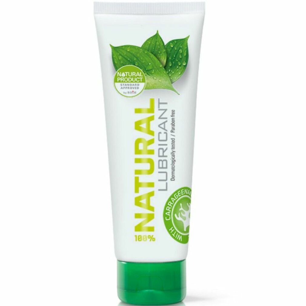Tubo bianco con tappo verde, scritta "Natural Lubricant". Con foglie e gocce d'acqua.