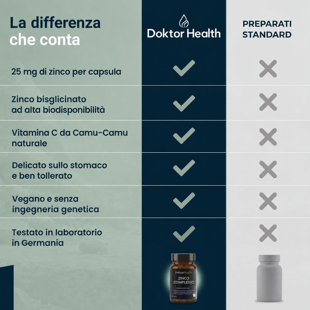 Tabella comparativa Doktor Health Zink Komplex (italiano) vs. preparati standard. Caratteristiche: 25mg zinco, camu-camu, vegan.
