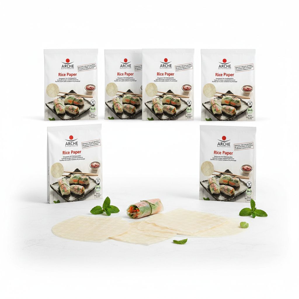 Sei confezioni di carta di riso Arche per involtini primavera, con involtini guarniti su piatti.