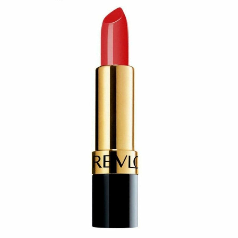 Rossetto rosso, corpo dorato, base nera. Scritta REVLON. Stick visibile.