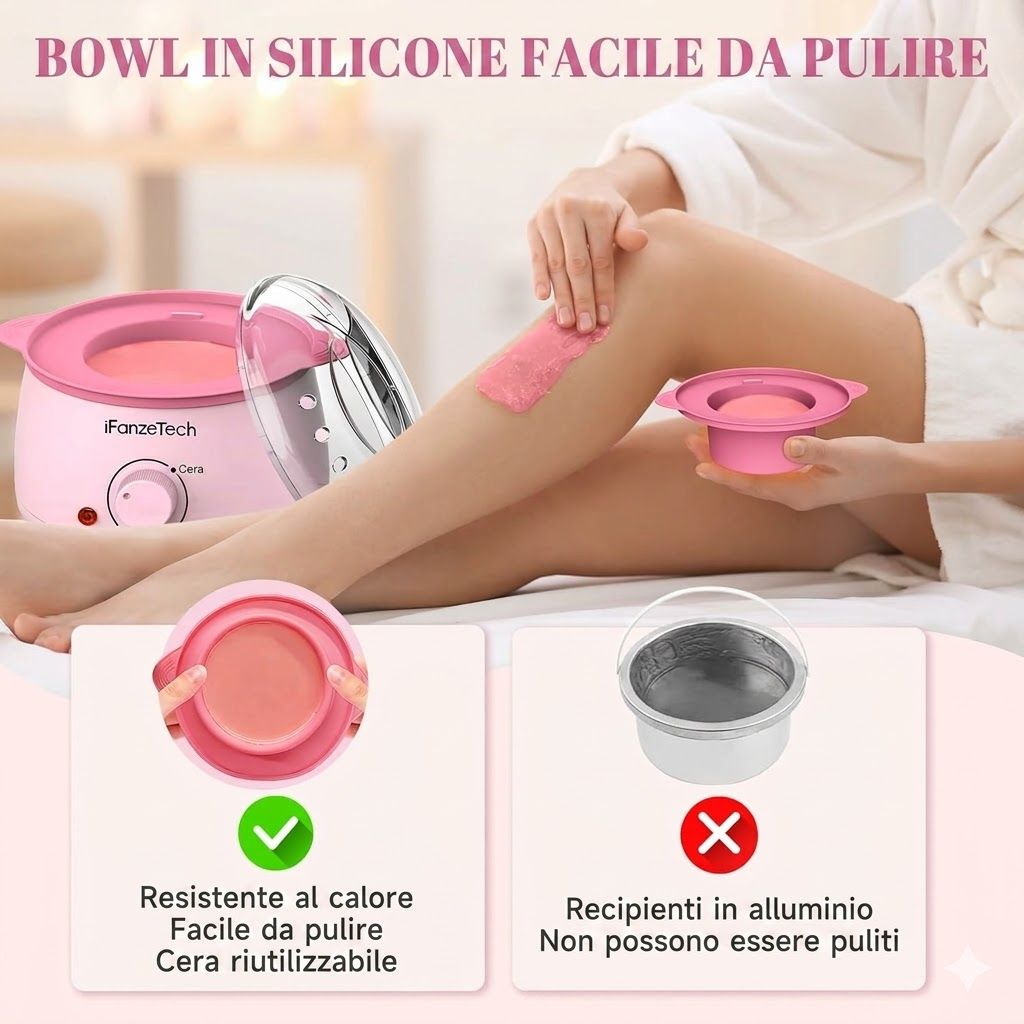 Scaldacera rosa e ciotola in silicone. Confronto: ciotola in silicone resistente al calore e riutilizzabile vs. pentole in alluminio non pulibili.