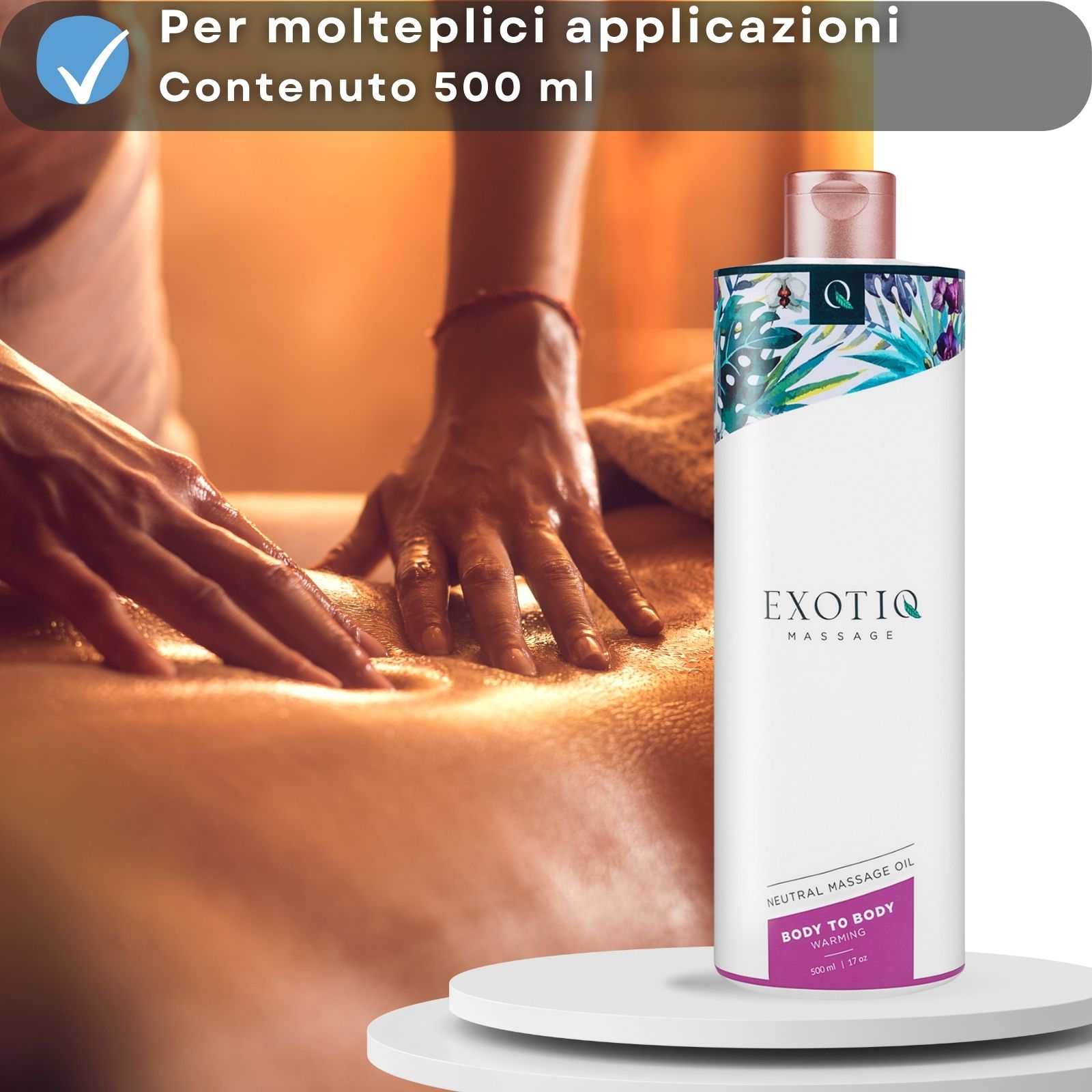Massaggio sulla schiena. Flacone di olio per massaggio. Testo: Body to Body Warming.