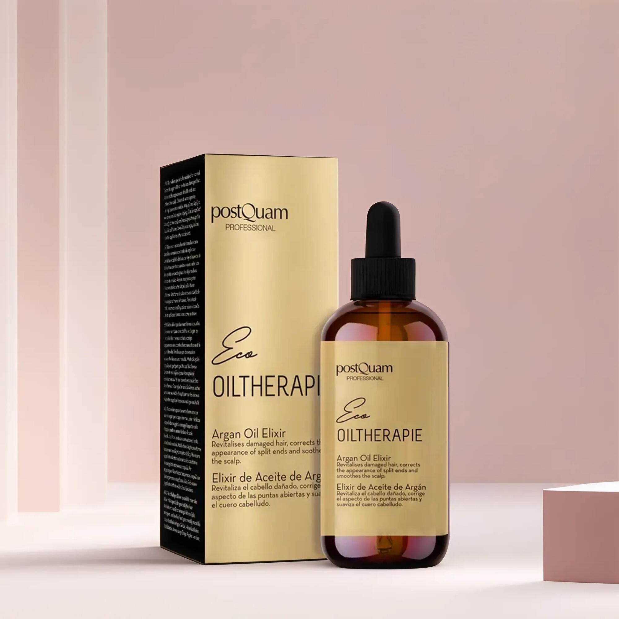 Flacone di vetro marrone con contagocce nero ed etichetta dorata. Accanto, una scatola dorata con testo. Nome del prodotto: Eco Öltherapie.