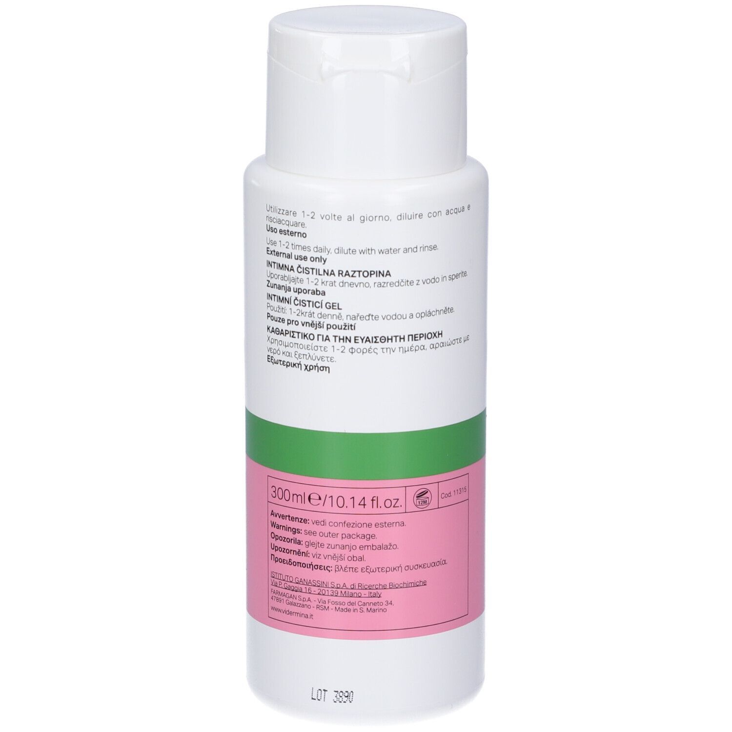 Retro del flacone Vidermina CLX-attiva Detergente intimo con istruzioni e ingredienti.