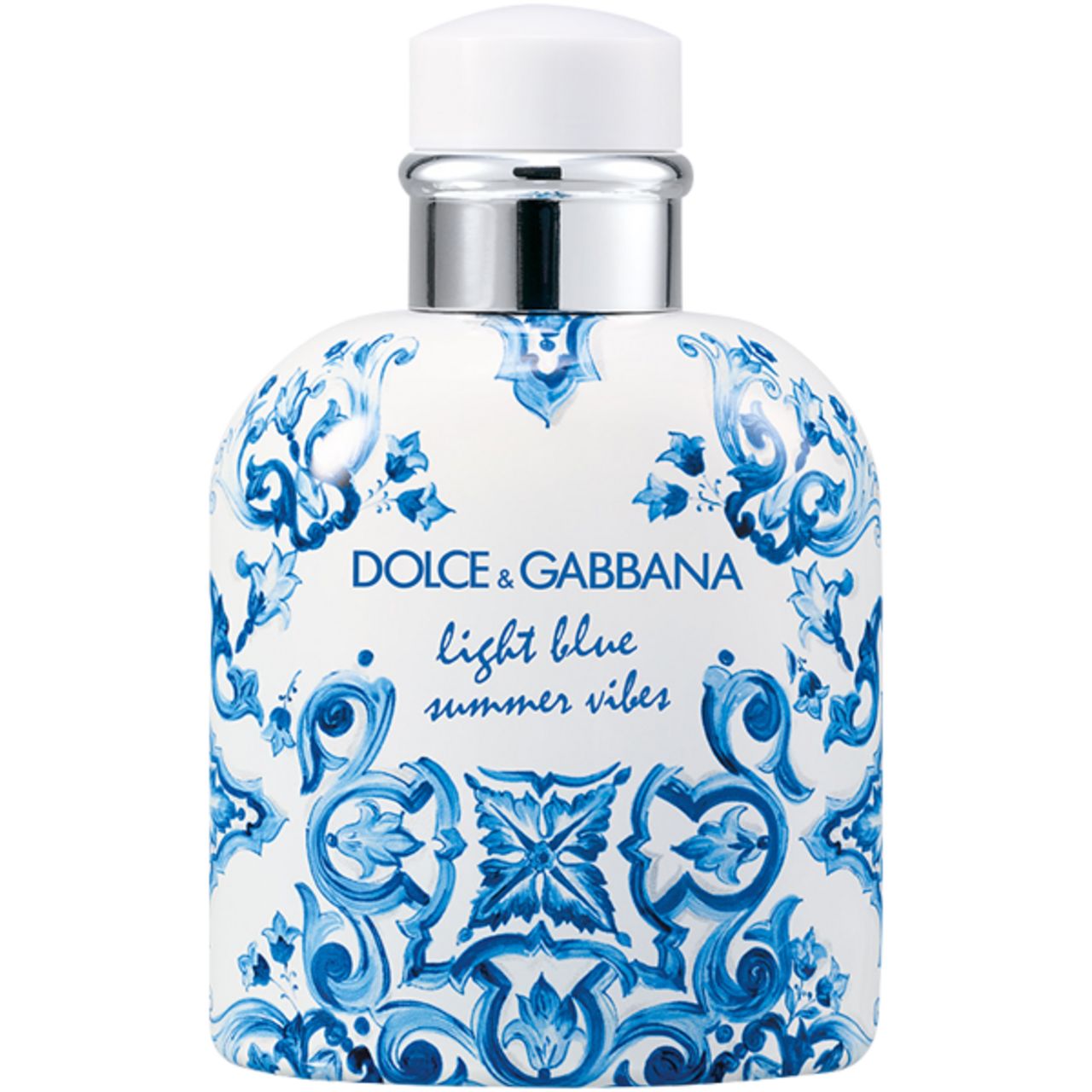 Flacone di profumo con motivo blu e bianco. Scritta: Dolce & Gabbana Light Blue Summer Vibes.