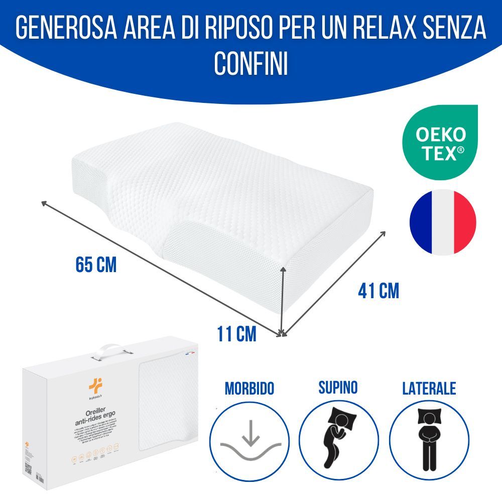 Cuscino ergonomico con dimensioni. 65x41x11 cm. Certificazione Oeko-Tex. Bandiera francese.
