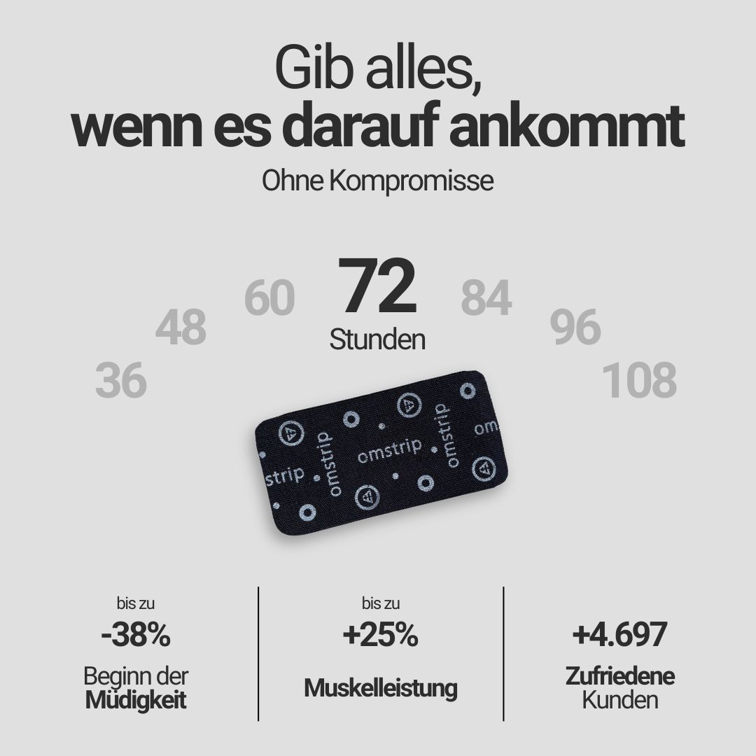 Omstrip. Striscia nera con stampa bianca. Testo: omstrip. Numeri: 36, 48, 60, 72, 84, 96, 108.