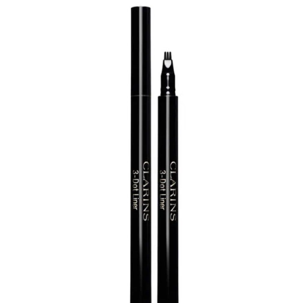 Clarins 3-Dot Liner nero. L'applicatore ha tre punte. La penna è aperta.