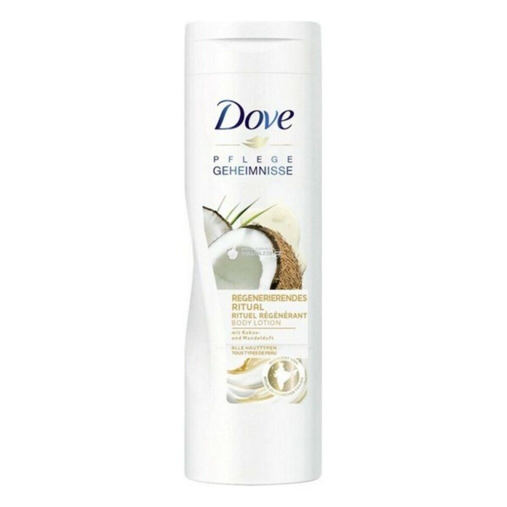 Flacone bianco Dove, immagine cocco. Testo: Pflege Geheimnisse, Regenerierendes Ritual, Body Lotion. Per tutti i tipi di pelle.