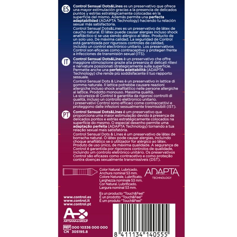 Retro della confezione CONTROL SENSUAL Dots & Lines. Testo multilingue. Informazioni sul prodotto e certificazioni.