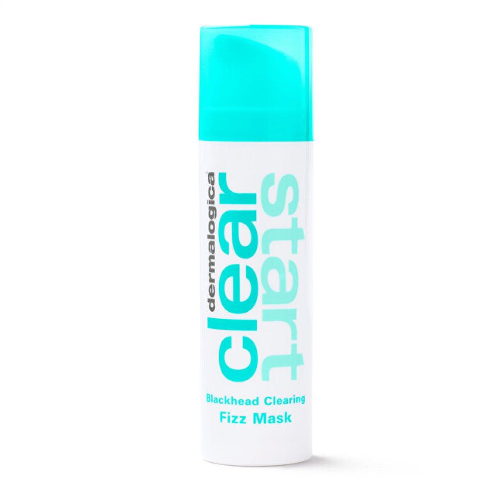 Dermalogica Clear Start Blackhead Clearing Fizz Mask in flacone bianco con tappo turchese e scritte.