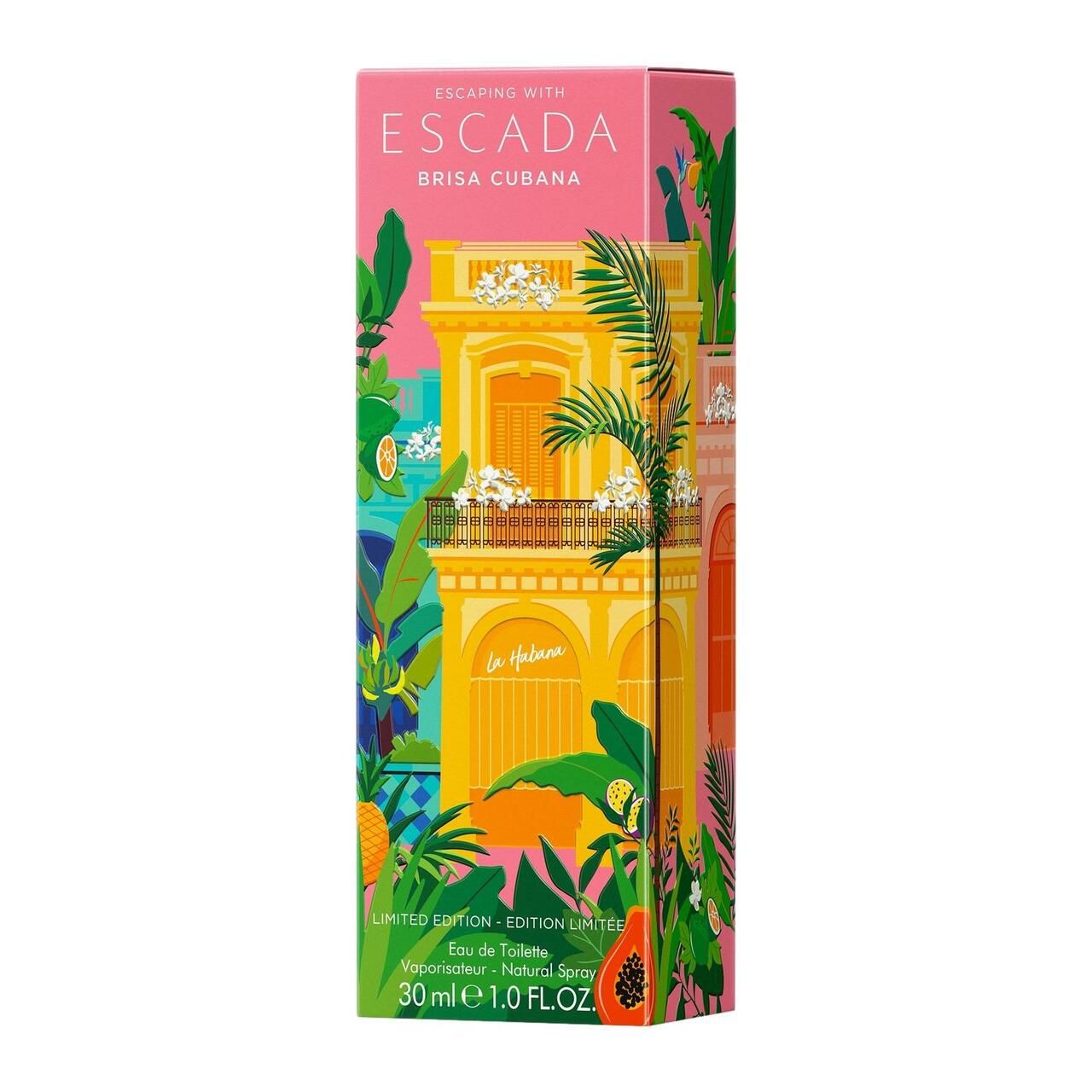 Escada Brisa Cubana E.d.T. Nat. Spray. Confezione con illustrazioni di edifici e piante, sfondo rosa.