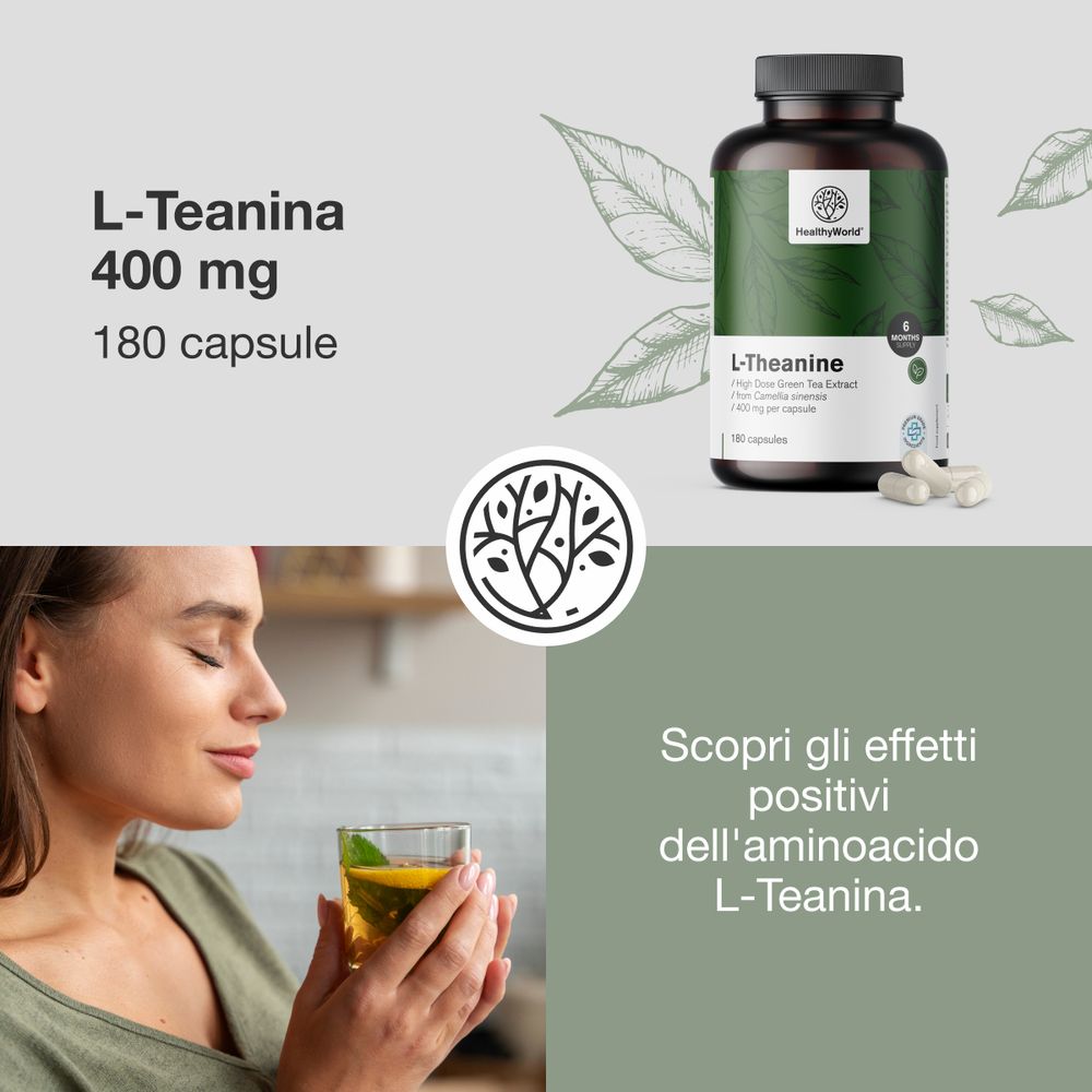 Donna che beve tè. Flacone con capsule. Scritta: L-Teanina, 400 mg, 180 capsule. Marchio: HealthyWorld.