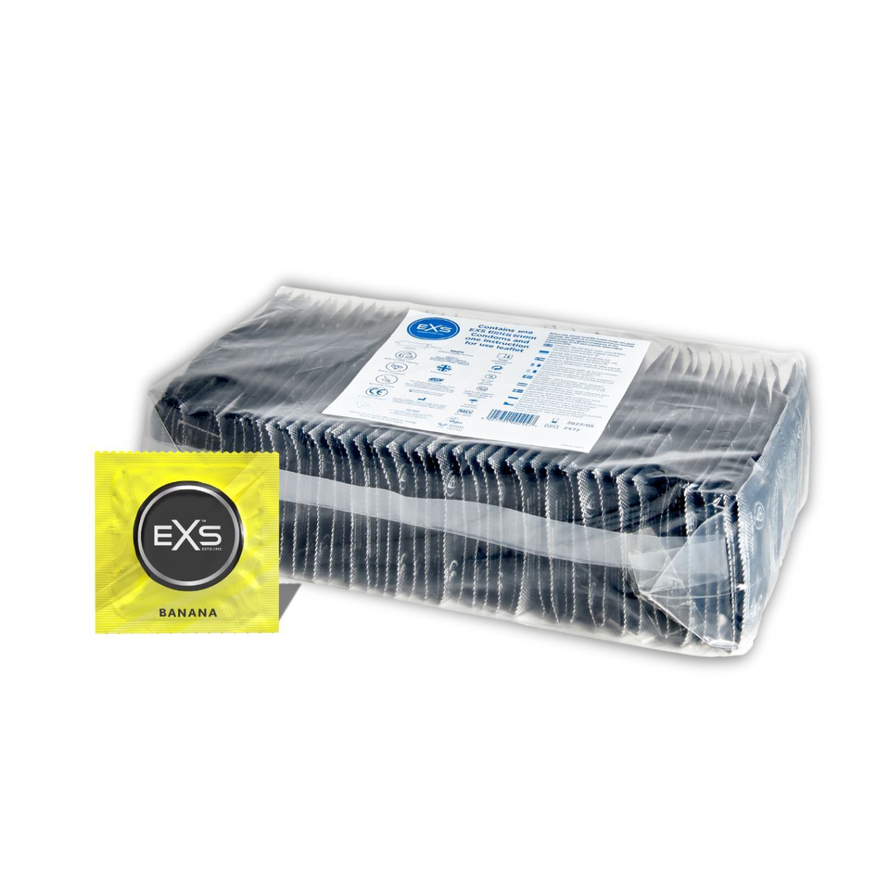 Confezione singola di preservativo EXS Banana accanto a una confezione grande.
