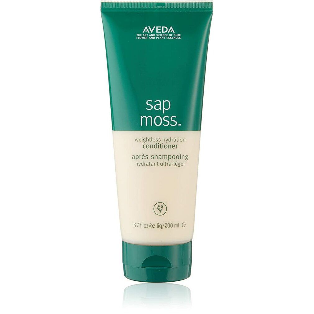 Tubo verde e beige con testo. In alto "AVEDA", sotto "sap moss." e "weightless hydration conditioner".