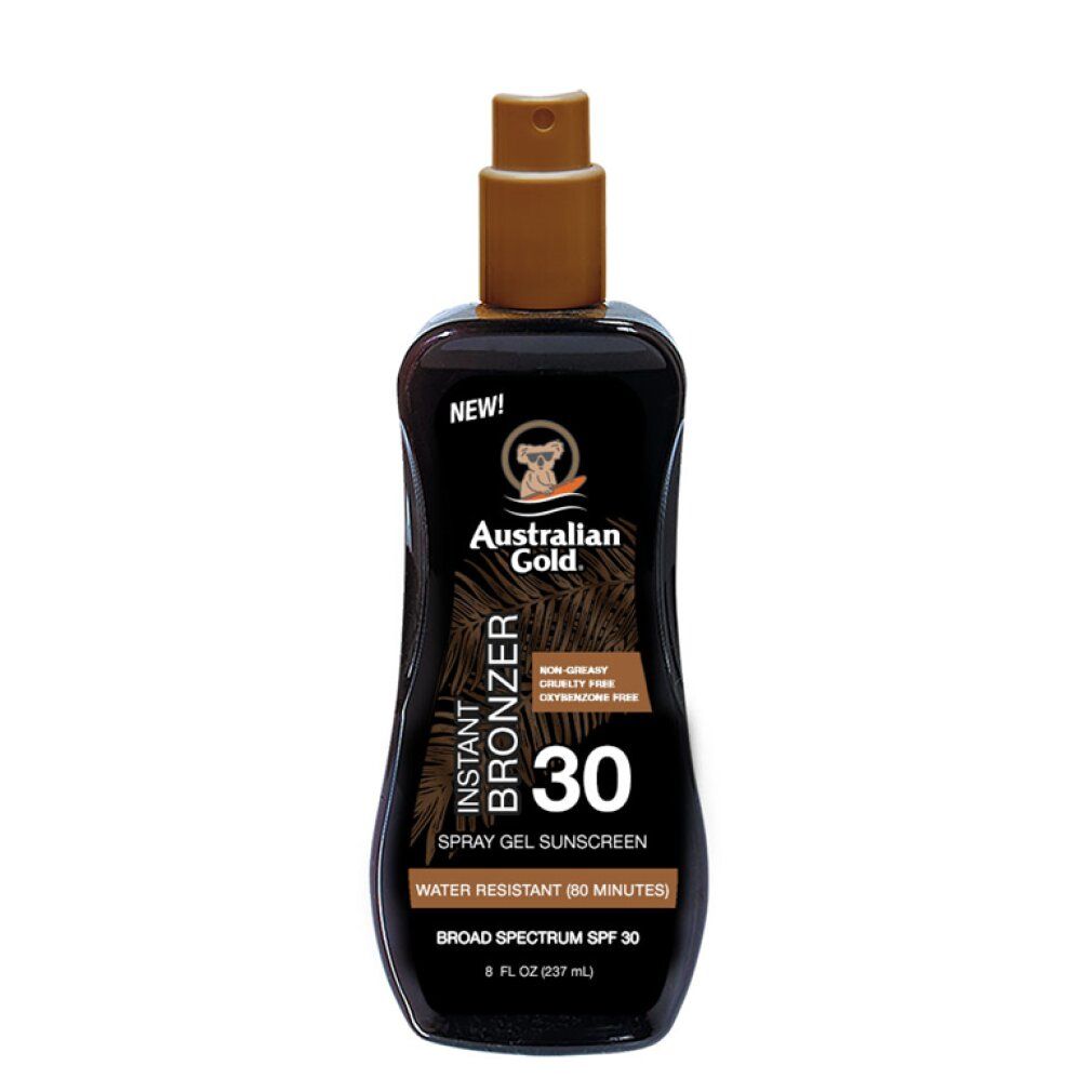 Flacone nero con erogatore marrone. Scritte: Australian Gold, Instant Bronzer, SPF 30. Contiene 237 ml.