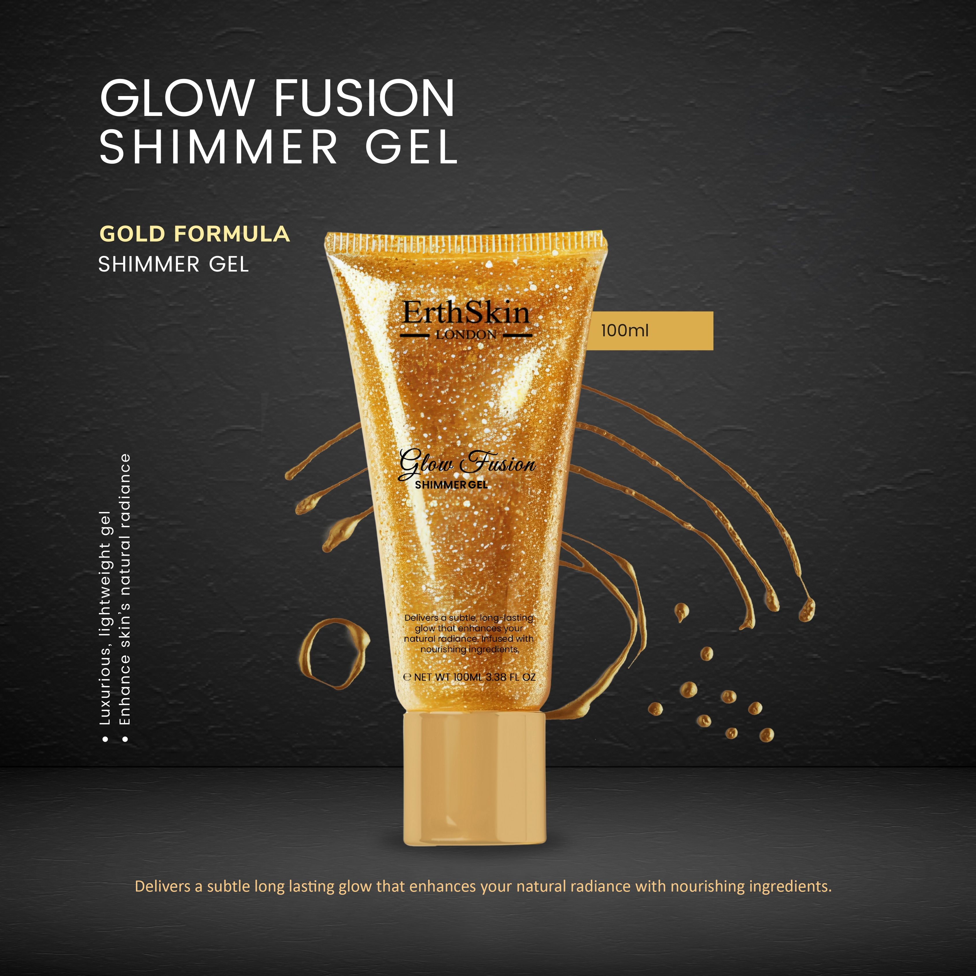 Gel scintillante dorato in tubo. Nome del prodotto e del marchio. Testo: Formula Oro, Gel scintillante.